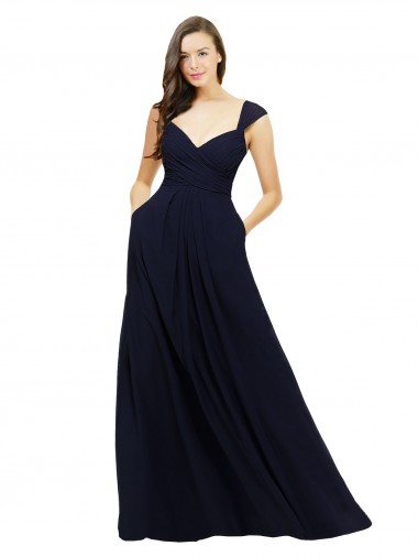 Compre Azul marina oscuro línea A Cuello en V Cuello de Corazón Gasa Largo Vestidos de dama de honor