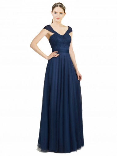 Compre Azul marina oscuro línea A Cuello en V Cuello de Corazón Tul Largo Vestidos de dama de honor