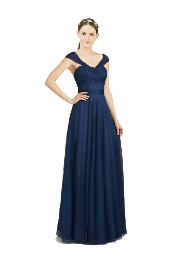 Compre Azul marina oscuro línea A Cuello en V Cuello de Corazón Tul Largo Vestidos de dama de honor