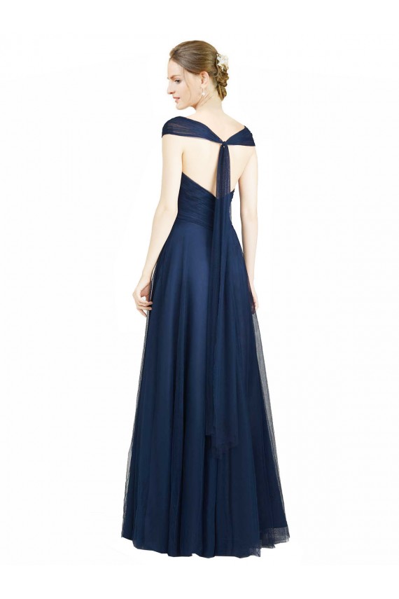 Compre Azul marina oscuro línea A Cuello en V Cuello de Corazón Tul Largo Vestidos de dama de honor