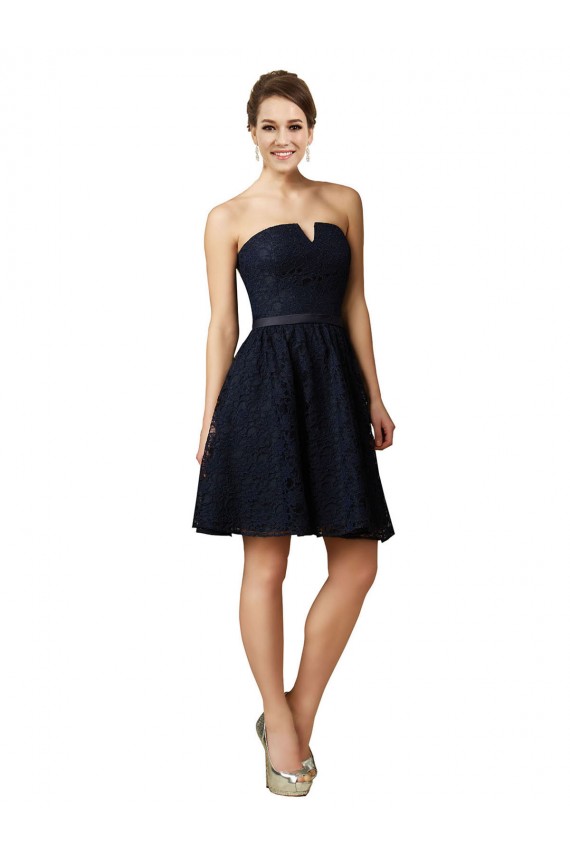 Compre Azul marina oscuro línea A Cuello en V Encaje Corto Vestidos de dama de honor / Vestidos de cóctel