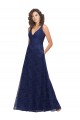 Compre Azul marina oscuro línea A Cuello en V Encaje Largo Vestidos de dama de honor
