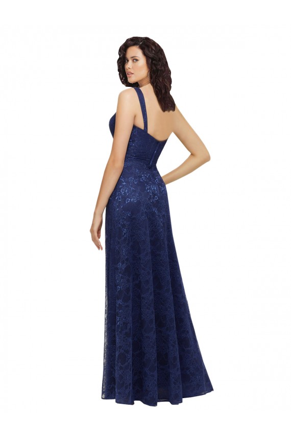 Compre Azul marina oscuro línea A Cuello en V Encaje Largo Vestidos de dama de honor