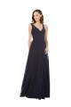 Compre Azul marina oscuro línea A Cuello en V Gasa Encaje Largo Vestidos de dama de honor