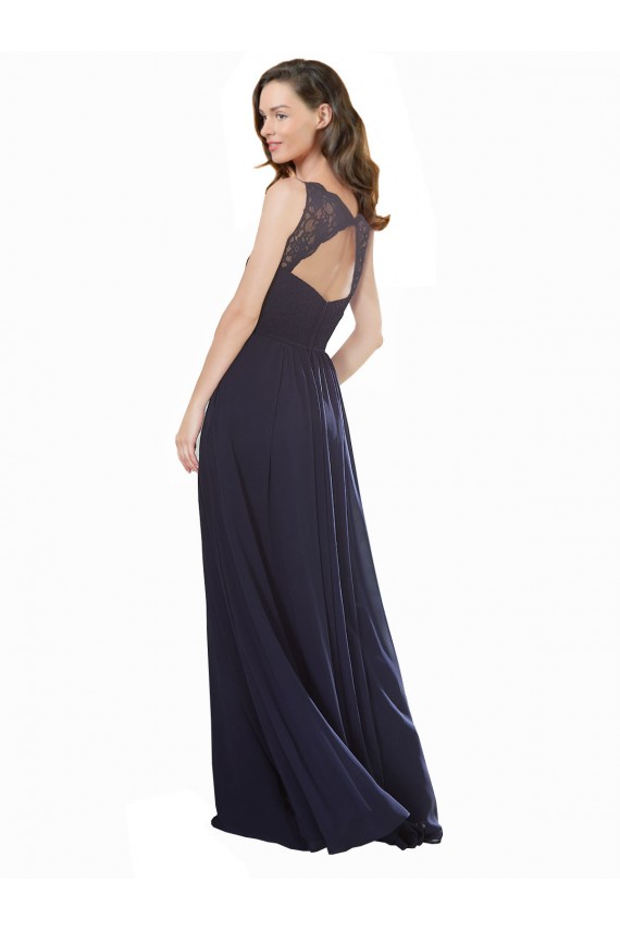 Compre Azul marina oscuro línea A Cuello en V Gasa Encaje Largo Vestidos de dama de honor