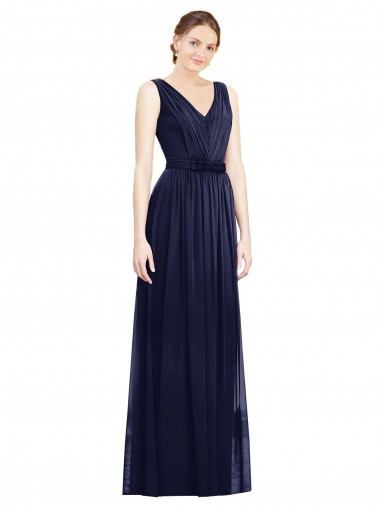 Compre Azul marina oscuro línea A Cuello en V Gasa Largo Vestidos de dama de honor