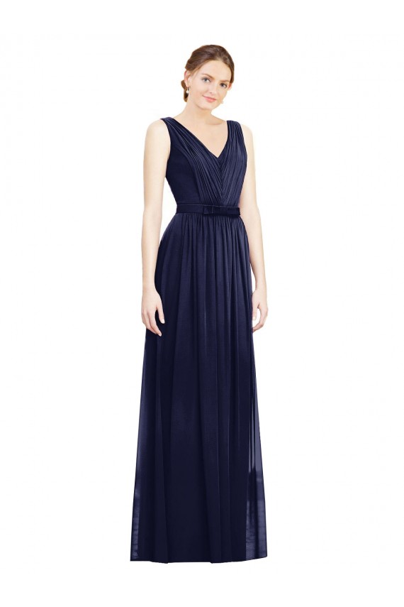 Compre Azul marina oscuro línea A Cuello en V Gasa Largo Vestidos de dama de honor