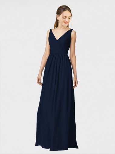 Compre Azul marina oscuro línea A Cuello en V Gasa Largo Vestidos de dama de honor