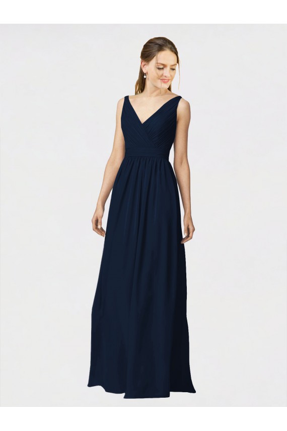 Compre Azul marina oscuro línea A Cuello en V Gasa Largo Vestidos de dama de honor