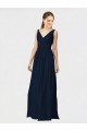 Compre Azul marina oscuro línea A Cuello en V Gasa Largo Vestidos de dama de honor