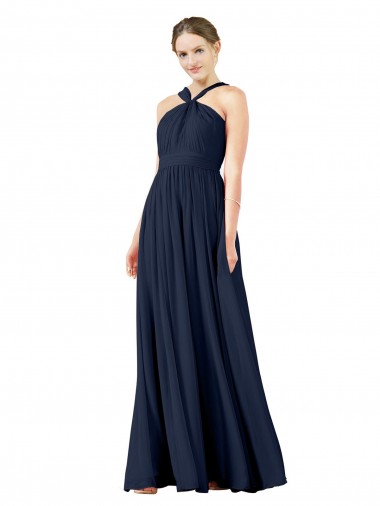 Compre Azul marina oscuro línea A Cuello en V Gasa Largo Vestidos de dama de honor