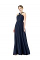 Compre Azul marina oscuro línea A Cuello en V Gasa Largo Vestidos de dama de honor