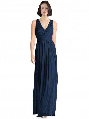 Compre Azul marina oscuro línea A Cuello en V Gasa Largo Vestidos de dama de honor
