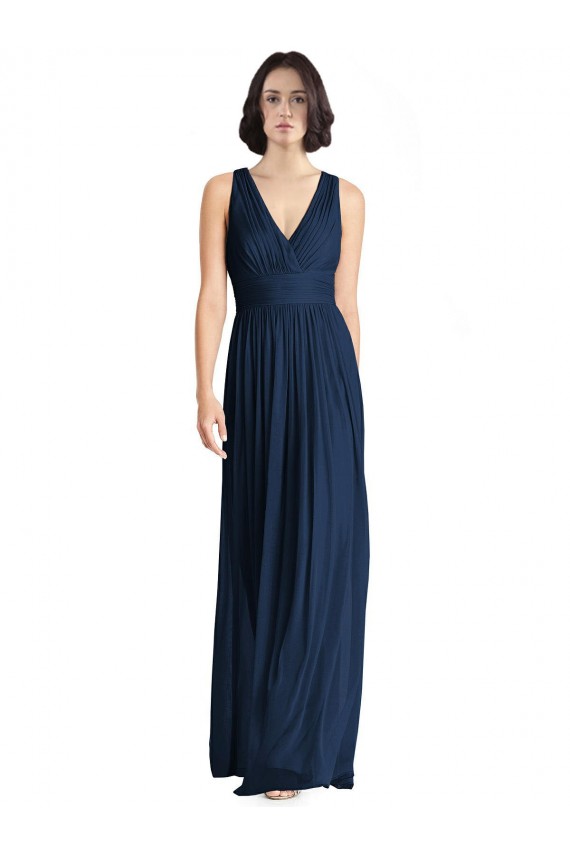 Compre Azul marina oscuro línea A Cuello en V Gasa Largo Vestidos de dama de honor