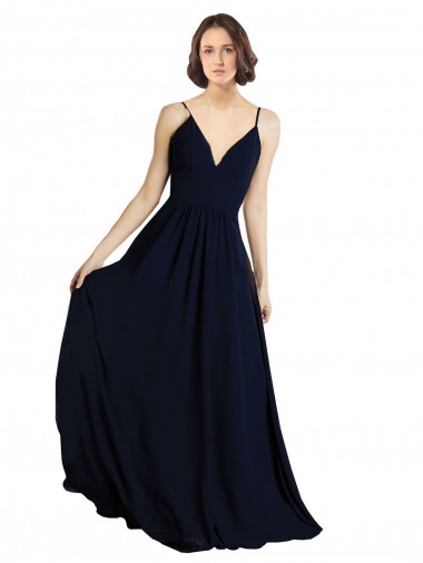 Compre Azul marina oscuro línea A Cuello en V Gasa Largo Vestidos de dama de honor