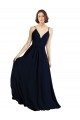 Compre Azul marina oscuro línea A Cuello en V Gasa Largo Vestidos de dama de honor