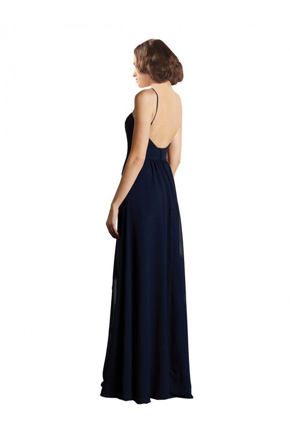 Compre Azul marina oscuro línea A Cuello en V Gasa Largo Vestidos de dama de honor
