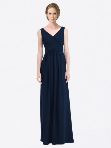Compre Azul marina oscuro línea A Cuello en V Gasa Largo Vestidos de dama de honor