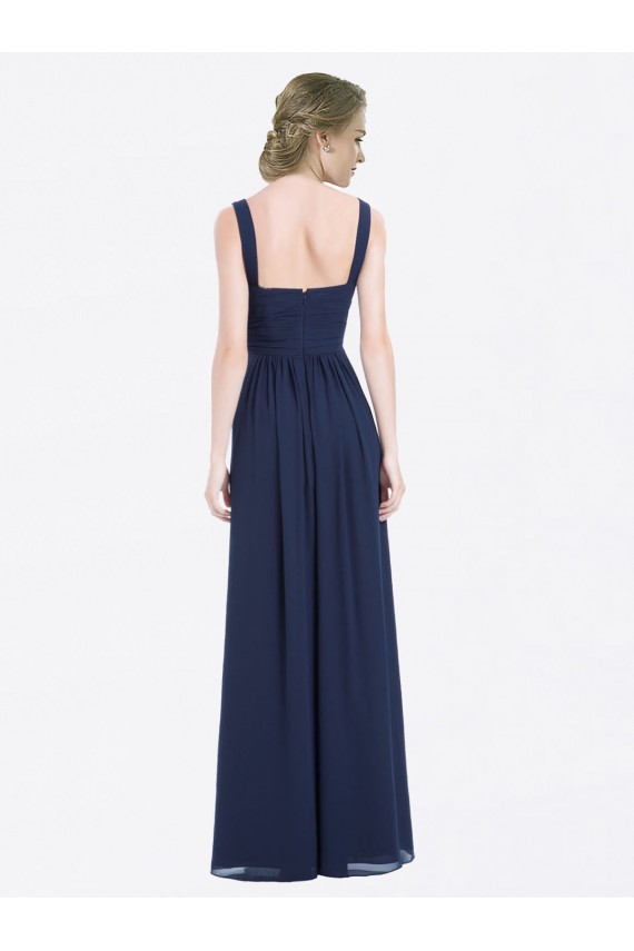 Compre Azul marina oscuro línea A Cuello en V Gasa Largo Vestidos de dama de honor