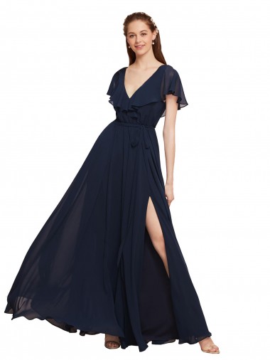 Compre Azul marina oscuro línea A Cuello en V Gasa Largo Vestidos de dama de honor