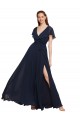 Compre Azul marina oscuro línea A Cuello en V Gasa Largo Vestidos de dama de honor