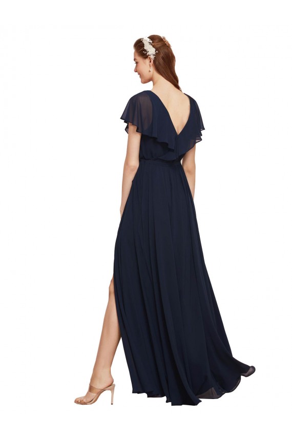 Compre Azul marina oscuro línea A Cuello en V Gasa Largo Vestidos de dama de honor