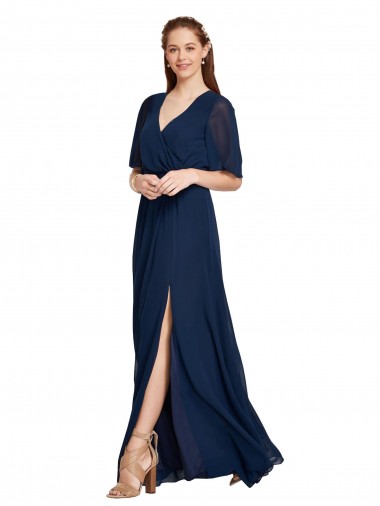 Compre Azul marina oscuro línea A Cuello en V Gasa Largo Vestidos de dama de honor
