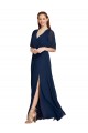 Compre Azul marina oscuro línea A Cuello en V Gasa Largo Vestidos de dama de honor