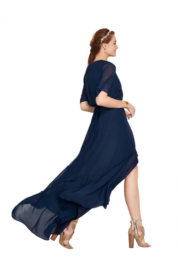 Compre Azul marina oscuro línea A Cuello en V Gasa Largo Vestidos de dama de honor