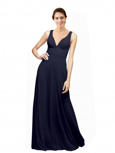 Compre Azul marina oscuro línea A Cuello en V Gasa Largo Vestidos de dama de honor