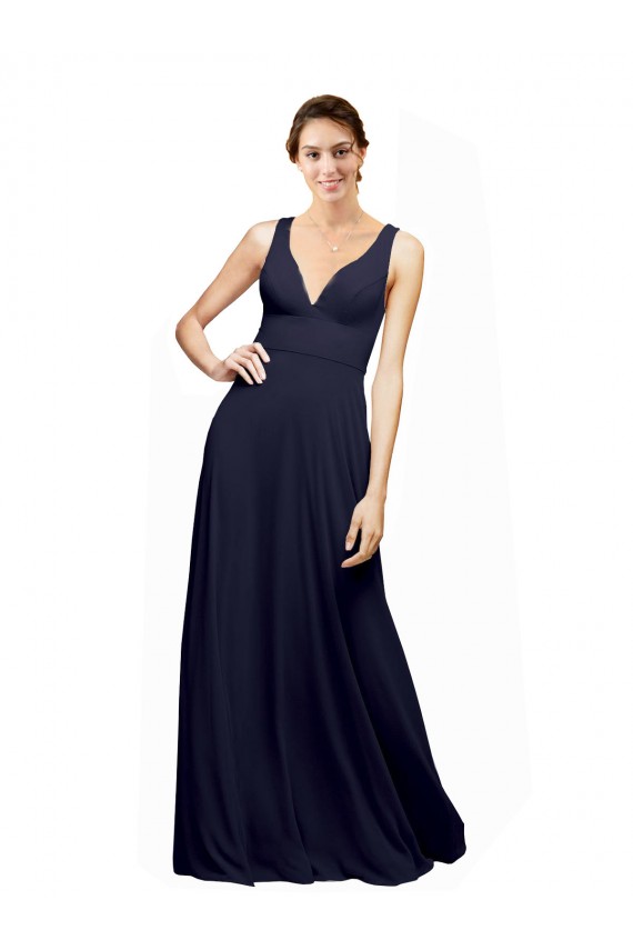 Compre Azul marina oscuro línea A Cuello en V Gasa Largo Vestidos de dama de honor