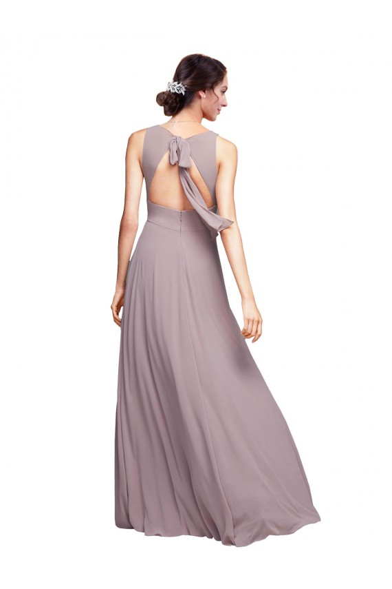 Compre Azul marina oscuro línea A Cuello en V Gasa Largo Vestidos de dama de honor