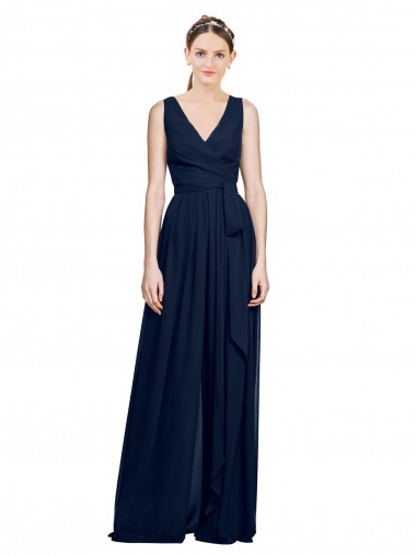 Compre Azul marina oscuro línea A Cuello en V Gasa Largo Vestidos de dama de honor