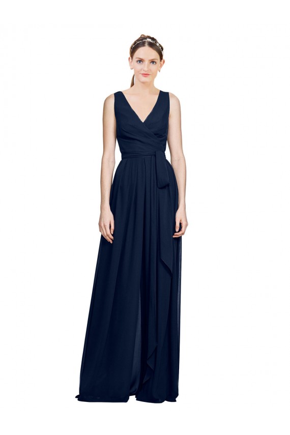 Compre Azul marina oscuro línea A Cuello en V Gasa Largo Vestidos de dama de honor
