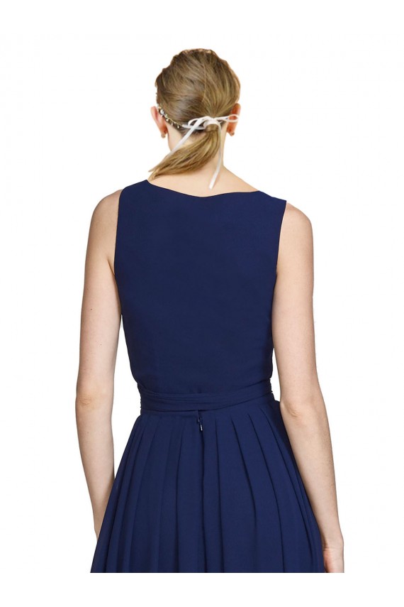 Compre Azul marina oscuro línea A Cuello en V Gasa Largo Vestidos de dama de honor