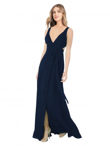 Compre Azul marina oscuro línea A Cuello en V Gasa Largo Vestidos de dama de honor