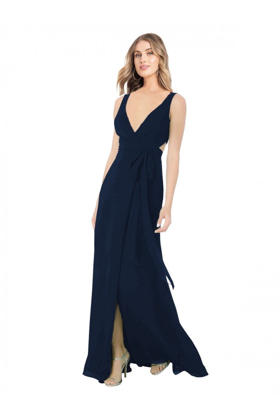 Compre Azul marina oscuro línea A Cuello en V Gasa Largo Vestidos de dama de honor