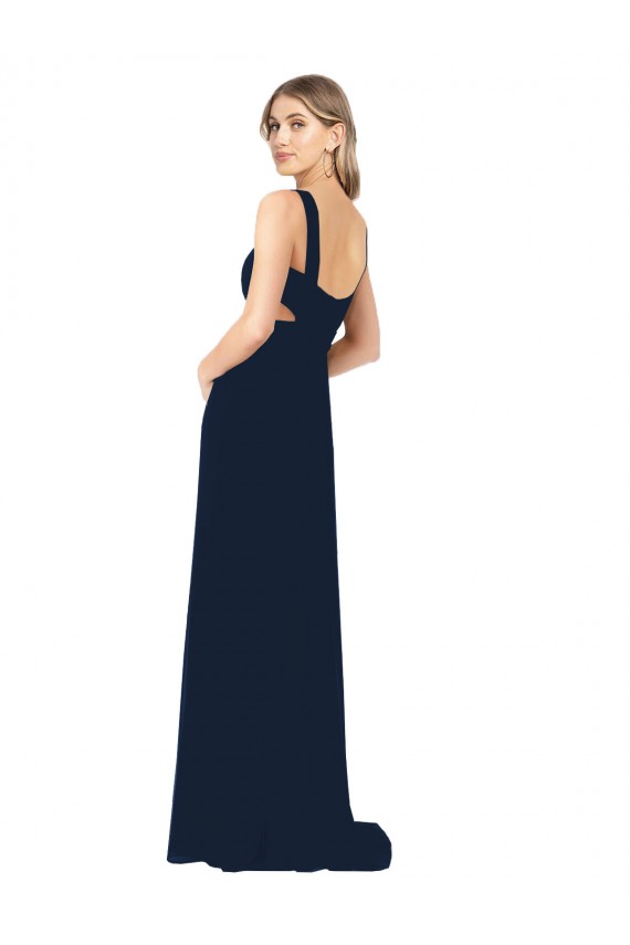 Compre Azul marina oscuro línea A Cuello en V Gasa Largo Vestidos de dama de honor