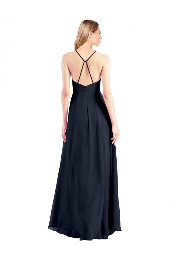 Compre Azul marina oscuro línea A Cuello en V Gasa Largo Vestidos de dama de honor / Vestidos de fiesta