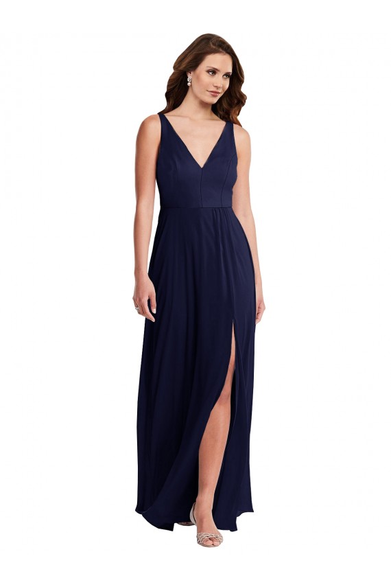 Compre Azul marina oscuro línea A Cuello en V Gasa Largo Vestidos de dama de honor