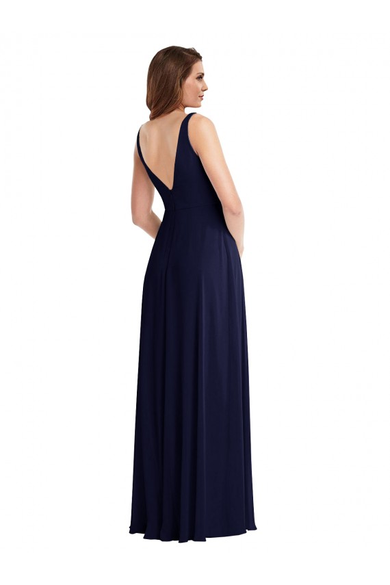 Compre Azul marina oscuro línea A Cuello en V Gasa Largo Vestidos de dama de honor