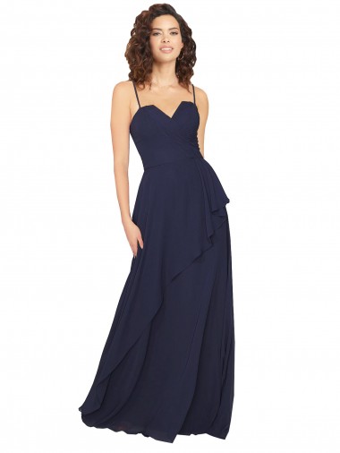 Compre Azul marina oscuro línea A Cuello en V Gasa Largo Vestidos de dama de honor