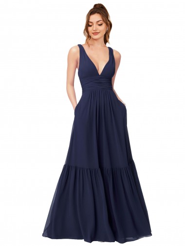 Compre Azul marina oscuro línea A Cuello en V Gasa Largo Vestidos de dama de honor