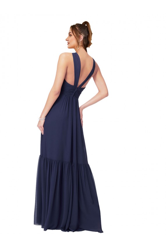 Compre Azul marina oscuro línea A Cuello en V Gasa Largo Vestidos de dama de honor