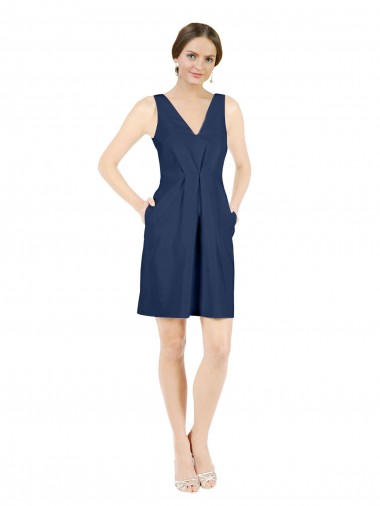 Compre Azul marina oscuro línea A Cuello en V Satén Corto Vestidos de dama de honor / Vestidos de cóctel