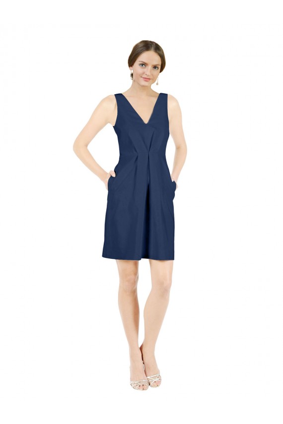 Compre Azul marina oscuro línea A Cuello en V Satén Corto Vestidos de dama de honor / Vestidos de cóctel