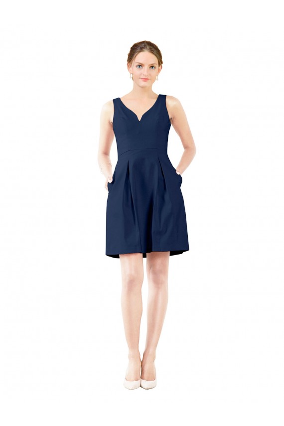 Compre Azul marina oscuro línea A Cuello en V Satén Corto Vestidos de dama de honor / Vestidos de cóctel