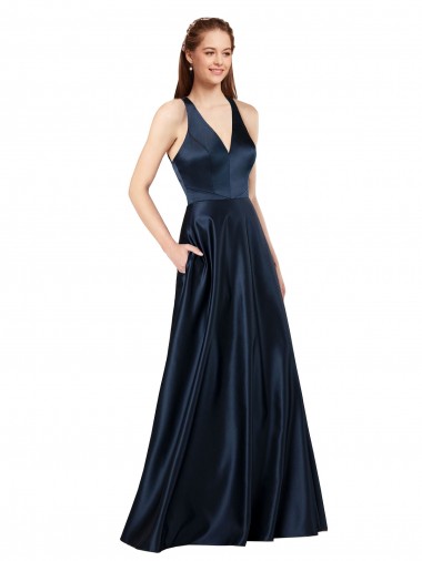 Compre Azul marina oscuro línea A Cuello en V Satén Largo Formales Vestidos de dama de honor / Vestidos de fiesta