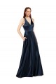 Compre Azul marina oscuro línea A Cuello en V Satén Largo Formales Vestidos de dama de honor / Vestidos de fiesta