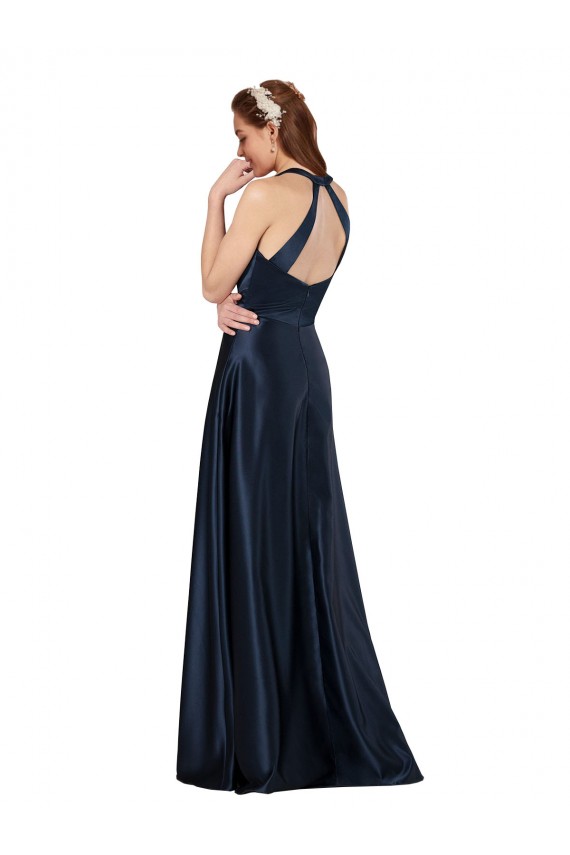 Compre Azul marina oscuro línea A Cuello en V Satén Largo Formales Vestidos de dama de honor / Vestidos de fiesta
